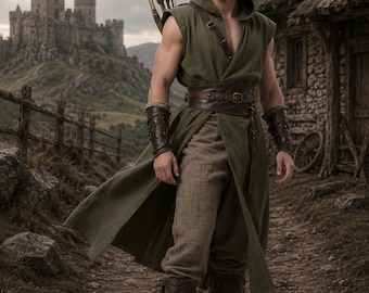 Men's Hooded Cotton Vest Gown, Medieval Ranger Tunic, Viking LARP Robe