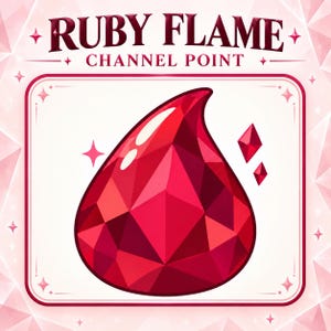 Könnte beinhalten: Eine grafische Illustration eines facettierten, tropfenförmigen roten Edelsteins. Über dem Edelstein steht der Text RUBY FLAME CHANNEL POINT. Das Design ist in einem abgerundeten quadratischen Rahmen mit Sternakzenten auf rosa Grund.