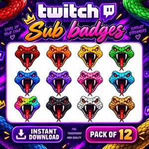 Puede incluir: Una colección digital de doce iconos de cabezas de serpiente para insignias de suscriptor de Twitch, en varios colores incluyendo rojo, naranja, amarillo, verde, azul, morado, rosa, cian, arcoíris, negro, blanco y dorado, con bocas abiertas.