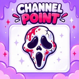May include: A graphic illustration featuring the text CHANNEL POINT in white and pink bubble letters above a white skull mask with dark eye sockets and mouth, covered in red blood splatters, set against a light purple background with stars.