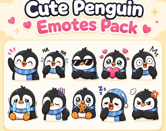 Pode incluir: Um conjunto gráfico digital intitulado Animated Emotes Cute Penguin Emotes Pack apresentando dez ilustrações de um pinguim com um cachecol azul em várias expressões, incluindo rindo, usando óculos de sol, chorando, comendo um biscoito e dormindo.