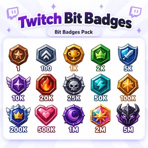 May include: A collection of fifteen digital Twitch Bit badges arranged in three rows. Each badge features a unique icon, including stars, trophies, crowns, flames, skulls, hearts, and shields, labeled with numerical values from 1 to 5M.