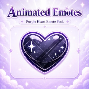 May include: A digital graphic featuring a glossy, dark purple heart with a starry night sky pattern inside. The text reads Animated Emotes and Purple Heart Emote Pack. The heart has white highlights and sparkles against a light purple cloud background.