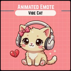 Può includere: Un'illustrazione digitale di un gatto beige chiaro che indossa grandi cuffie bianche e un fiocco rosa sull'orecchio. Il gatto ha grandi occhi scuri e guance rosa. Un'icona a forma di cuore spezzato rosso fluttua a sinistra. Il testo recita ANIMATED EMOTE VIBE CAT.