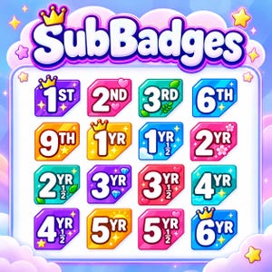 May include: A collection of sixteen colorful digital sub badges arranged in a grid, featuring the text SubBadges at the top. Each badge displays a number or year milestone with icons like crowns, hearts, leaves, stars, and diamonds in various bright colors.