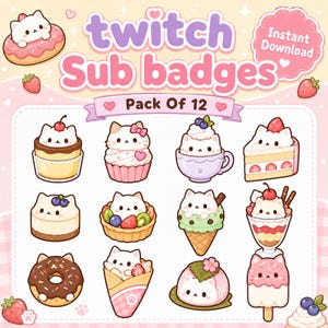 Op de afbeelding: Een set van 12 digitale Twitch-abonneebadges met witte katten verwerkt in diverse desserts zoals donuts, cupcakes, taartjes, ijshoorntjes en parfaits. De tekst luidt Twitch Sub badges Pack Of 12 en Instant Download.
