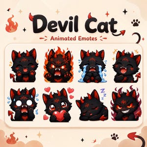 May include: A digital sticker sheet titled Devil Cat Animated Emotes featuring eight illustrations of a black cat with red horns and a tail. The cat displays various expressions including laughing, angry with flames, crying, sleeping, and holding a heart.