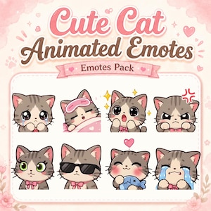 Peut inclure: Un ensemble d'illustrations numériques intitulé Cute Cat Animated Emotes Emotes Pack présentant huit expressions de chats dessinés, incluant des chats qui pleurent, dorment avec un masque rose, sont surpris, en colère, portent des lunettes.