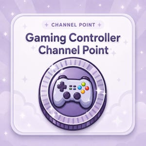 Pode incluir: Um gráfico quadrado com cantos arredondados apresentando uma moeda roxa no centro. A moeda exibe um controle de jogo branco com botões coloridos. O texto diz CHANNEL POINT Gaming Controller Channel Point em um fundo roxo claro.