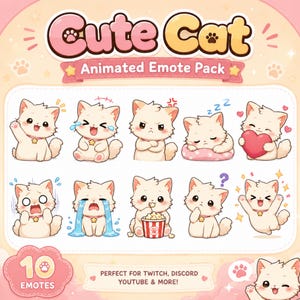 Può includere: Una collezione digitale di dieci emote animate di gatti che raffigurano un gattino color crema in varie espressioni, tra cui salutare, piangere, arrabbiato, dormire, tenere un cuore, scioccato, singhiozzare, mangiare popcorn e gioire.