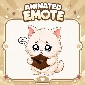 Puede incluir: Una ilustración digital de un gatito blanco y esponjoso con grandes ojos azules llorosos sosteniendo una billetera marrón vacía. Un globo de texto sobre el gatito contiene el texto No Money. La parte superior muestra ANIMATED EMOTE.