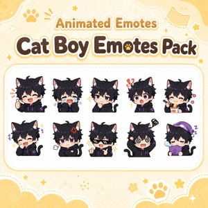 Könnte beinhalten: Eine digitale Sammlung von zehn animierten Emotes, die einen Cartoon-Katzenjungen mit schwarzen Haaren und Ohren in einem schwarzen Kapuzenpullover zeigen. Der Text Animated Emotes Cat Boy Emotes Pack steht oben auf dem Bild.