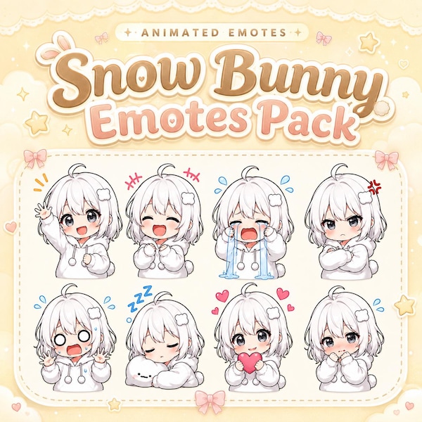 Animated Snow Bunny Twitch Emotes Pack, 8 Cute Chibi Rabbit GIF Emotes, Kawaii VTuber Discord Emotes, Transparent Streamer Emotes