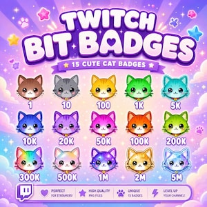 Cute Cat Twitch Bit Badges, 15 Kawaii Kitty Cheer Badges, Colorful Cat Streamer Badges, Twitch Gaming Badge Pack, Instant Download