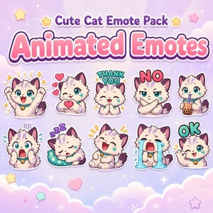 Può includere: Una collezione digitale di dieci emote animate di gatti che raffigurano un felino chiaro con segni viola. Il set include etichette di testo come THANK YOU, NO e OK. I gatti mostrano varie espressioni, tra cui dormire, piangere e bere boba.