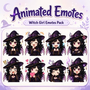 May include: A digital sticker sheet titled Animated Emotes Witch Girl Emotes Pack featuring eight chibi-style illustrations of a character with black hair, purple eyes, and bat wings, wearing a purple witch hat and dress with various expressions.