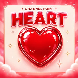 May include: A square graphic featuring the text CHANNEL POINT HEART in bold red letters above a large, glossy, three-dimensional red heart icon. The design is set against a light cream background with small four-pointed star accents and soft pink clouds.