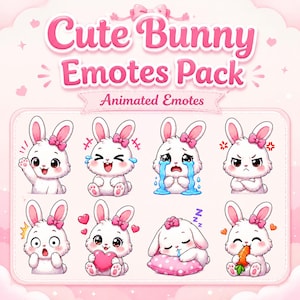 May include: A digital graphic set titled Cute Bunny Emotes Pack featuring eight white cartoon bunnies with pink bows. The bunnies display various expressions including waving, laughing, crying, angry, surprised, holding a heart, sleeping, and eating a carrot.