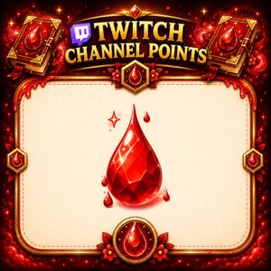 May include: A digital graphic featuring the text TWITCH CHANNEL POINTS in gold lettering. The frame is ornate with red accents, two red books, and floral motifs. A large, faceted red gemstone drop sits in the center with smaller drops.