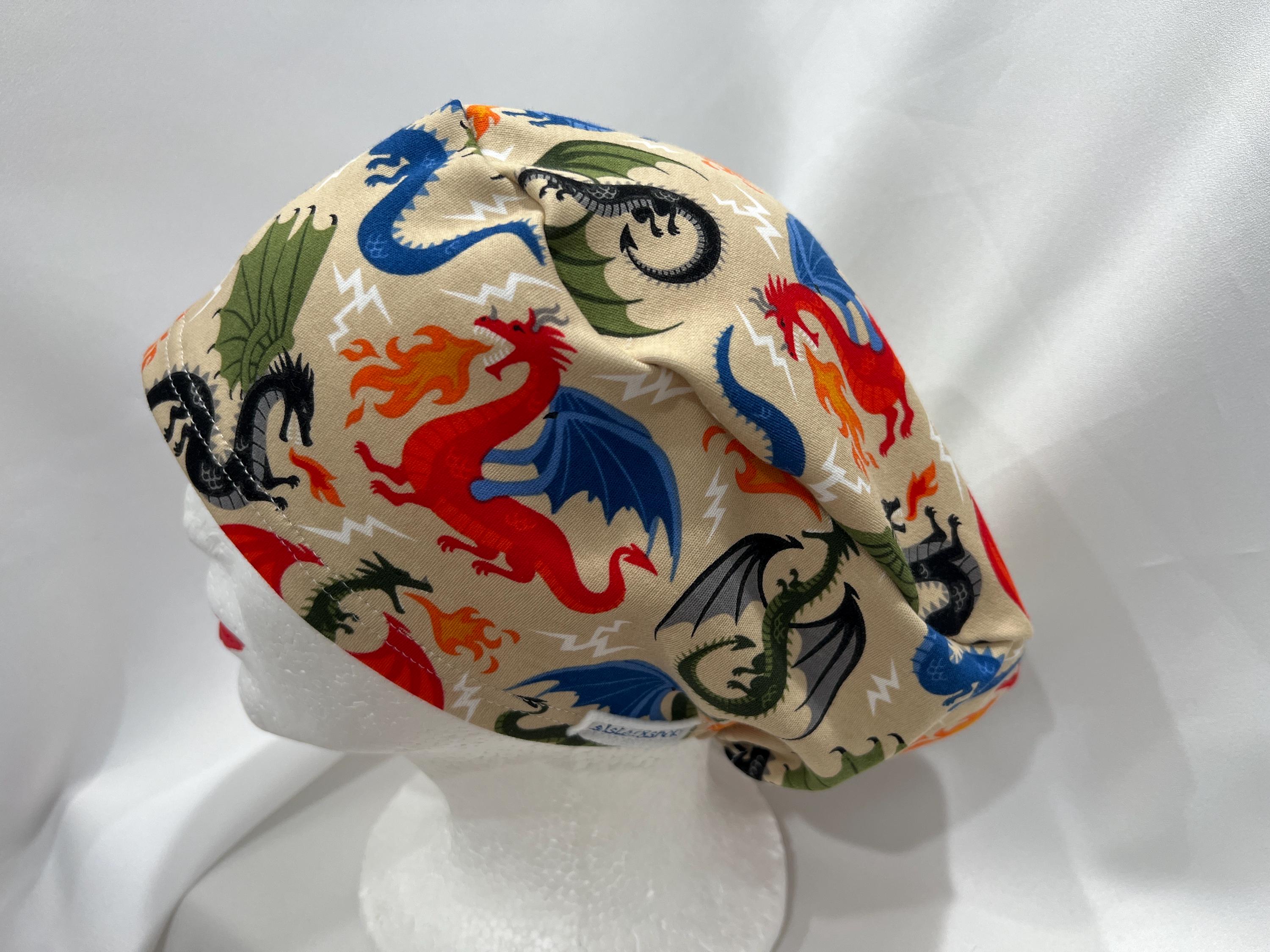 Dragons, Snugfit KNIT Scrub Hat, Brightly colored Dragons on Beige; medium weight interlock knit