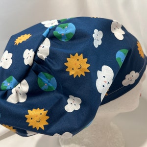 Big Hair Cotton Scrub Hat: European Style Earth, Clouds & Sunshine Print
