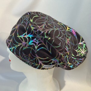 Halloween Knit Scrub Hat: Gray Iridescent Spider Webs