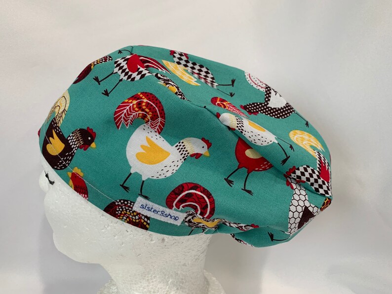 Chicken Snugfit Scrub Hat teal with roosters in polka dots Etsy