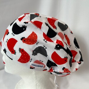 Snugfit KNIT Scrub Hat, red and black chickens in white background KNIT fabric, 95% cotton, 5 percent spandex medium weight Jersey knit