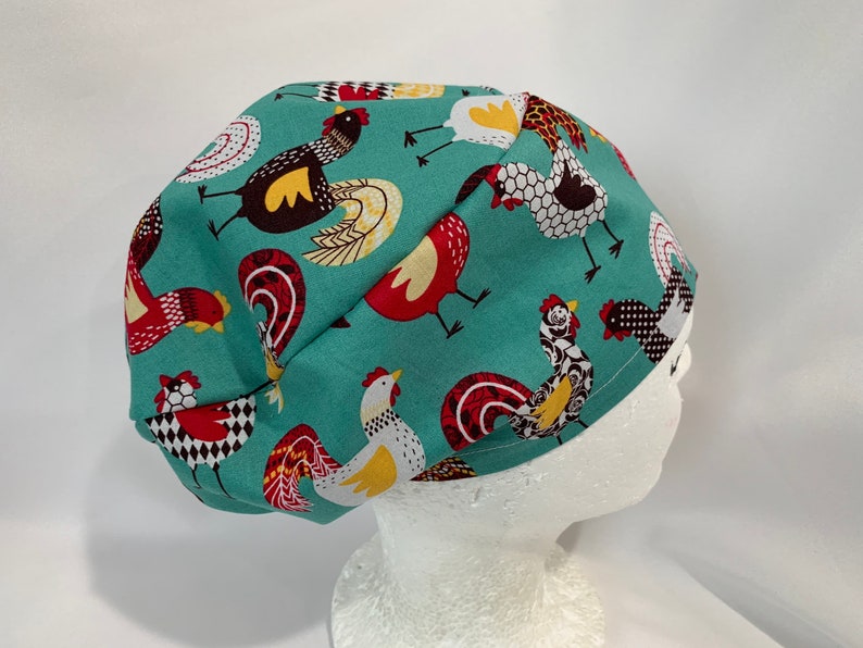 Chicken Snugfit Scrub Hat teal with roosters in polka dots Etsy