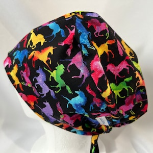 Tie Back Scrub Hat, Rainbow Unicorns on Black