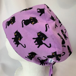 Tie Back Scrub Hat: Purple Knit Cotton, Black Cats, Pixie Style