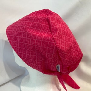 Scrub Hat Tie Back Pixie Style Pink on Pink Geometric Design