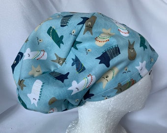 Llama, Slouchy Style Big Hair Scrub Hat,  Turquoise with happy Llamas