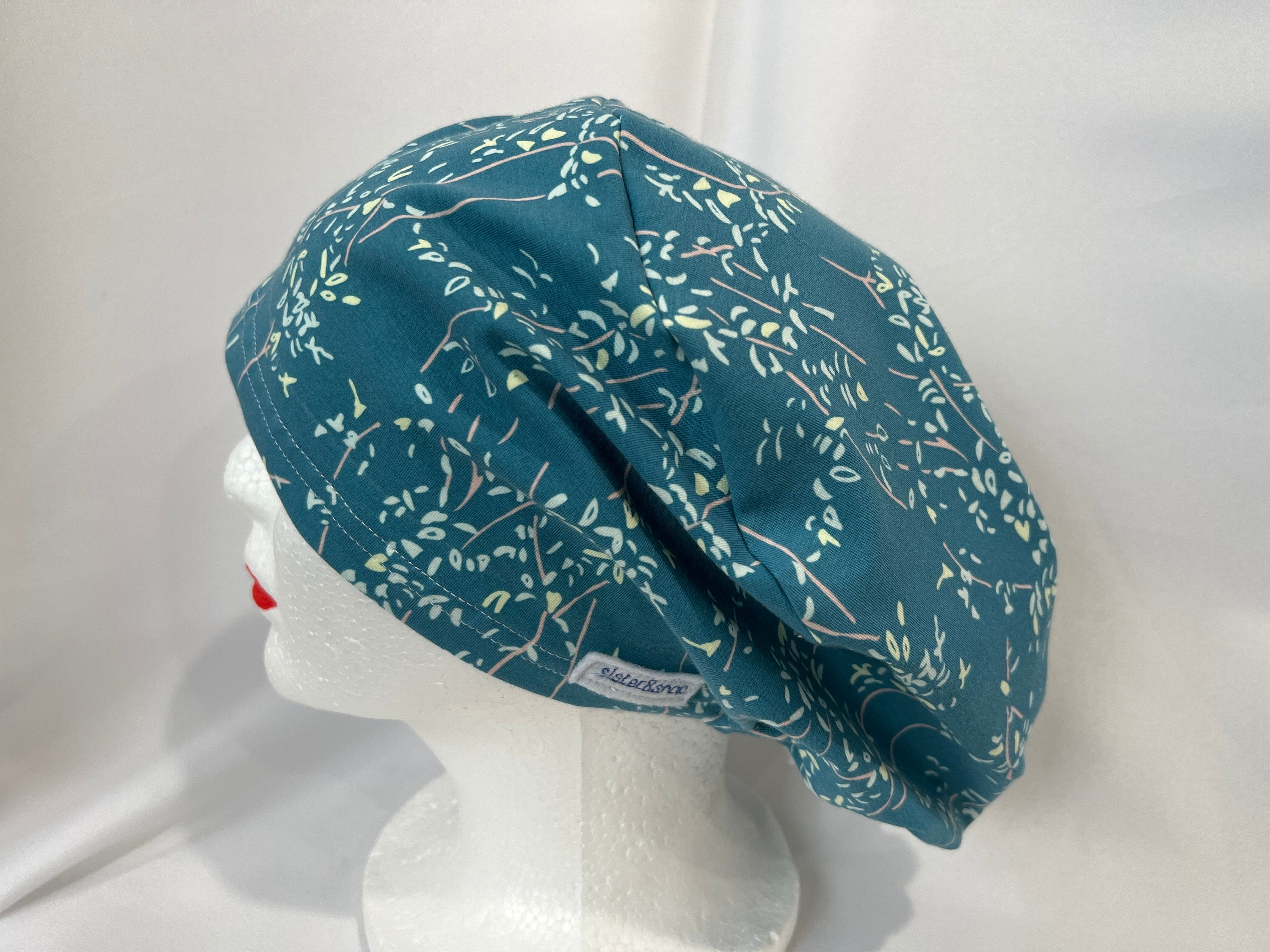 Knit Slouchy Scrub Hat: Dusty Blue Floral Cotton Blend