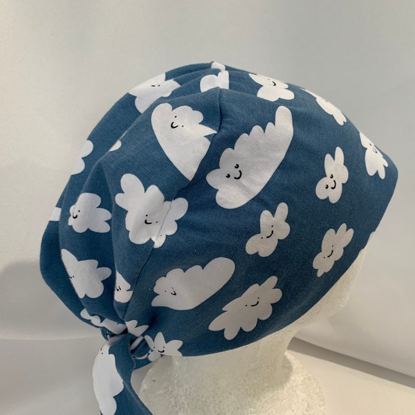 Scrub Hat KNIT cotton, Tie Back Pixie Style Blue with Happy White Clouds, lightweight 100% cotton Jersey Knit