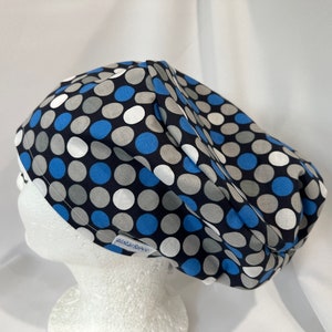 Slouchy Big Hair Scrub Hat, woven fabric, grey and blue polkadots