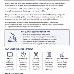 May include: A document titled Ultimate Midjourney Prompt Guide: Introduction Synopsis. It outlines a strategic guide for creating AI images, detailing sections on how the guide helps, what makes it different, and who it is for, with icons.