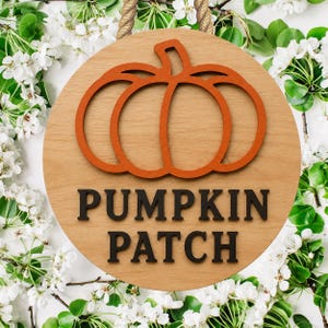 May include: A circular wooden sign featuring a cutout orange pumpkin shape at the top and the black text PUMPKIN PATCH centred below. The sign is suspended by a thick, twisted tan rope attached to the top edge of the circular wooden board.