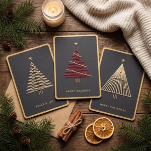 May include: Three rectangular black greeting cards with gold-toned edges. Each card features a stylized Christmas tree design made of thin lines and small gold spheres, topped with a star. Text reads PEACE & JOY, HAPPY HOLIDAYS, and MERRY CHRISTMAS.