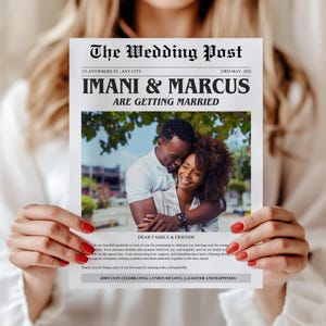 May include: A wedding announcement printed on white paper styled like a newspaper titled The Wedding Post. It features a photograph of a couple embracing, the names Imani & Marcus, the date 23rd May, 2028, and text addressing family and friends.