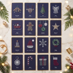 May include: A set of sixteen rectangular navy blue cards featuring string art designs of holiday icons including bells, a reindeer, a tree, an angel, a sleigh, a gingerbread man, ornaments, a star, a candle, a hat, a snowflake, a wreath, a snowman, a candy cane, a gift, and a stocking.