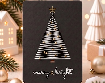 Christmas Tree Thread Card Pattern, Gold Bead Paper Embroidery, String Art Template PDF