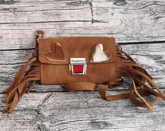 Cowhide purse "XL" , clutch made of split leather in cognac