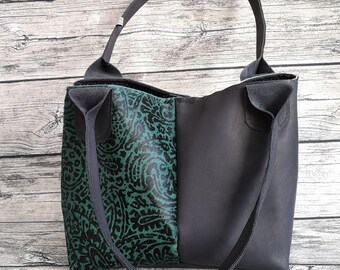 Cowhide bag "Shoppie" in green-black, Floral