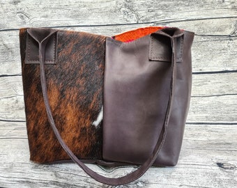 Cowhide bag "Shoppie" in brown-white with leather and cowhide