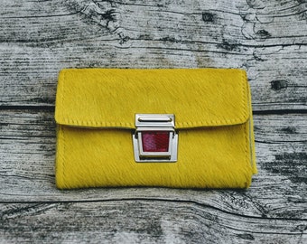 Cowhide purse "XL", clutch made of cowhide in yellow, 20 x 13 cm