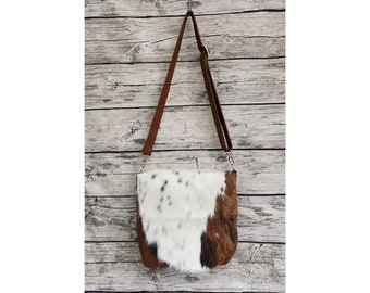 KUHIE®, shoulder bag made of leather and cowhide in brown and white
