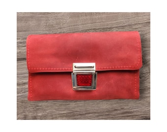 KUHIE, purse made of red leather and cotton fabric in a tartan pattern