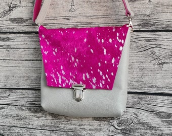 Cowhide bag "Minnie" made of grey leather and pink cowhide with plug-in lock