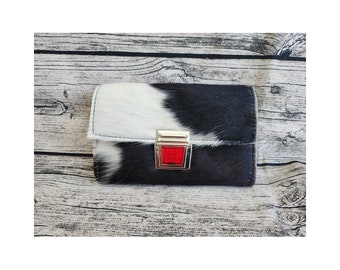 Cowhide purse "XL", clutch made of cowhide black and white, 20 x 13 cm